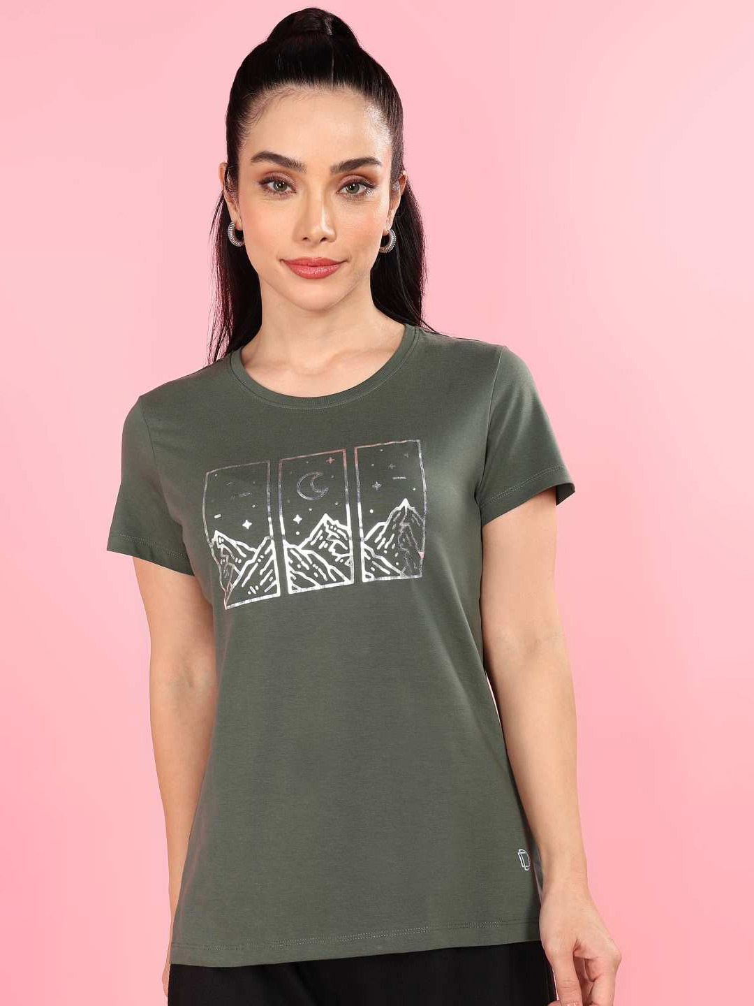 Dollar Women Printed Cowl Neck T-shirt, Olive