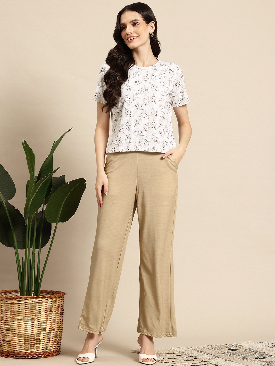 

Mast & Harbour Printed Pure Cotton Top & Trousers Co-Ord Set, Beige