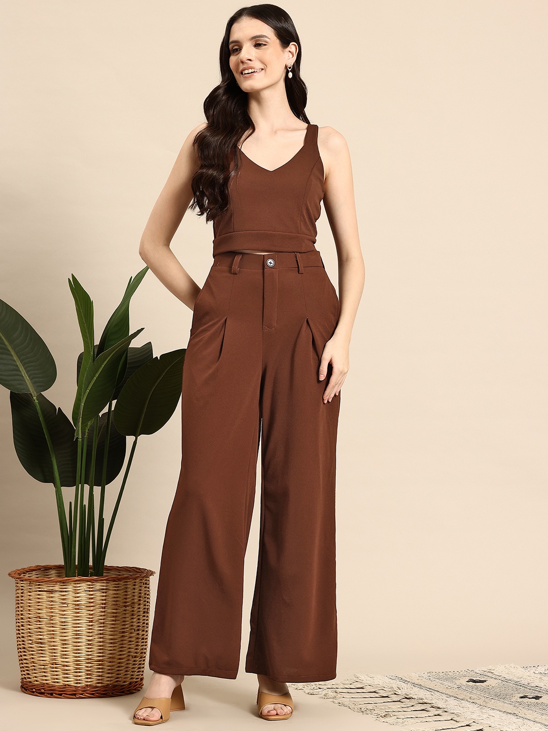 

Mast & Harbour Textured V-Neck Top & Trouser Co-Ord Set, Brown