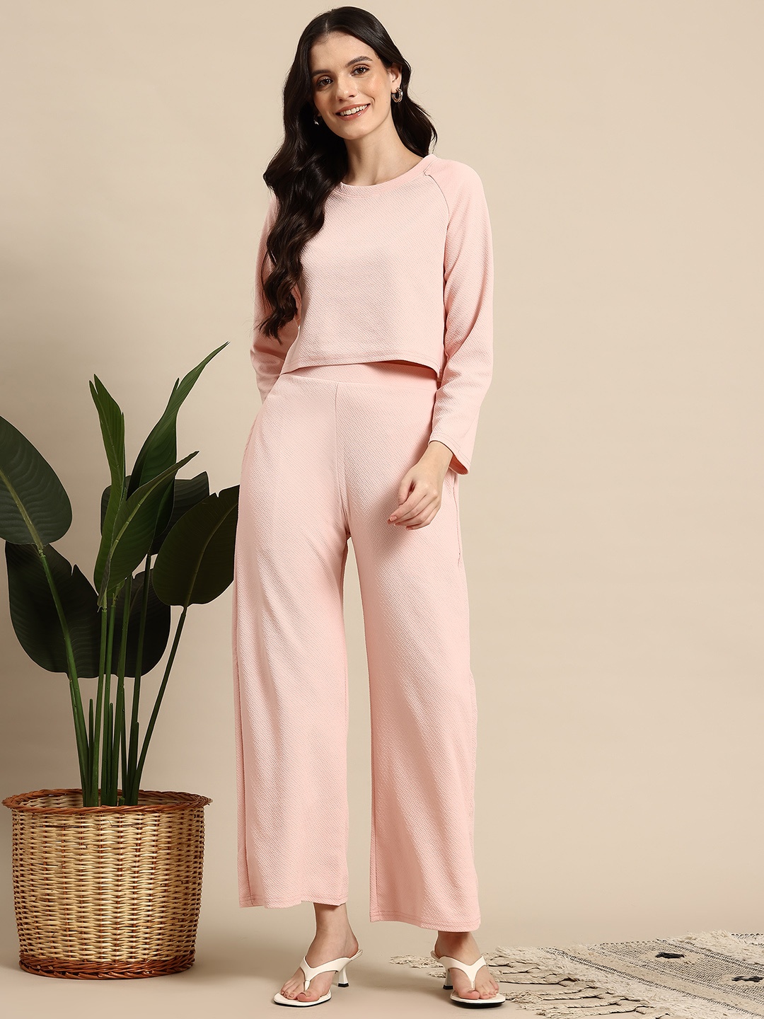 

Mast & Harbour Textured Raglan Sleeve Top & Trousers Co-Ord Set, Pink