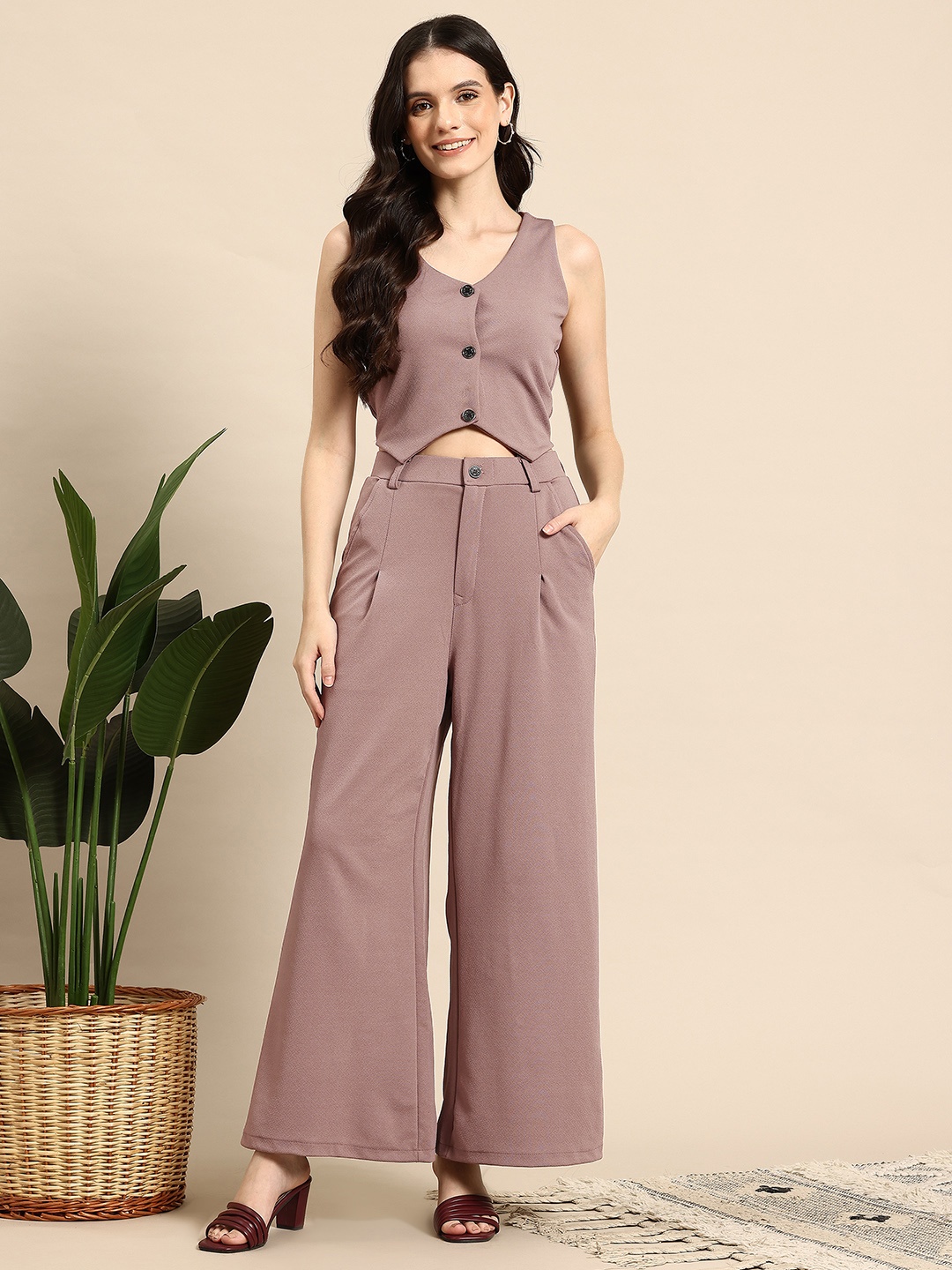 

Mast & Harbour Textured V-Neck Top & Trouser Co-Ord Set, Nude