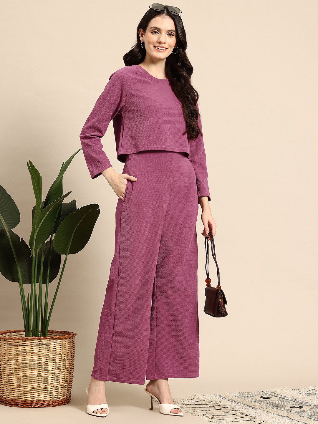 

Mast & Harbour Textured Raglan Sleeve Top & Trousers Co-Ord Set, Pink