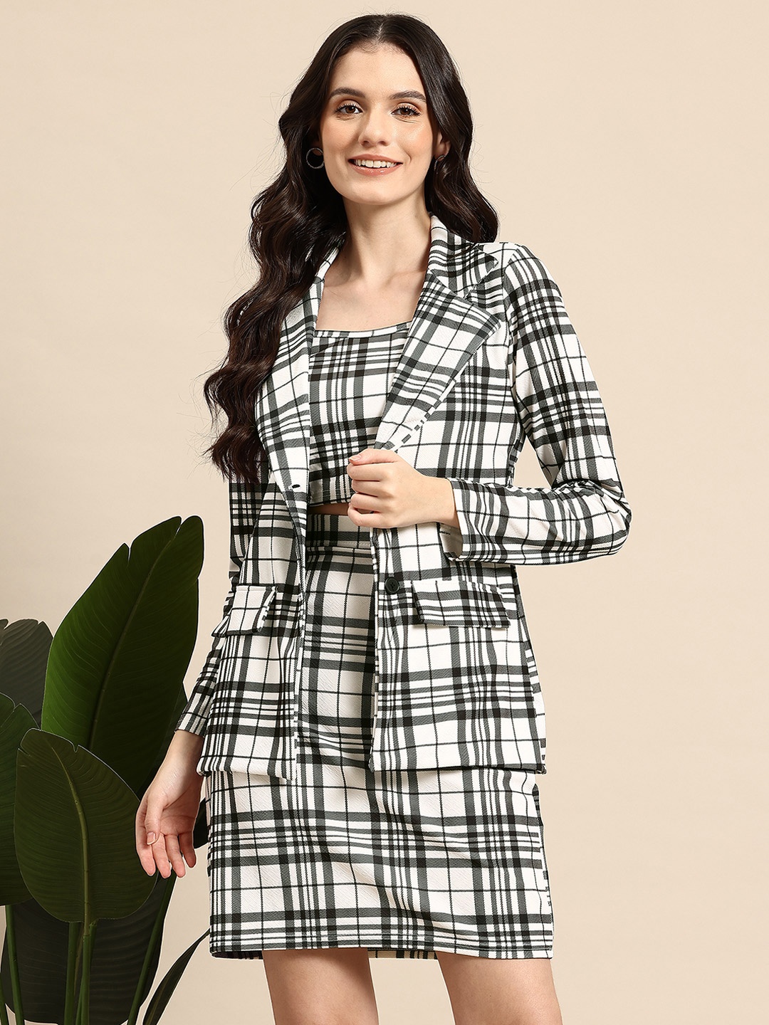 

Mast & Harbour Checked Top Skirt & Blazer Co-Ord Set, White