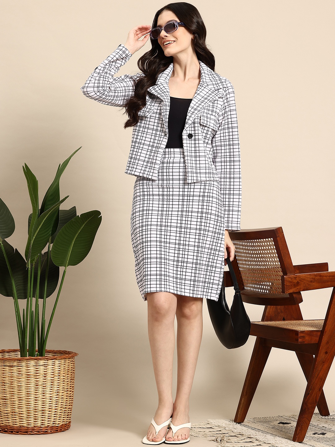 

Mast & Harbour Checked Blazer & Skirt Co-Ord Set, White