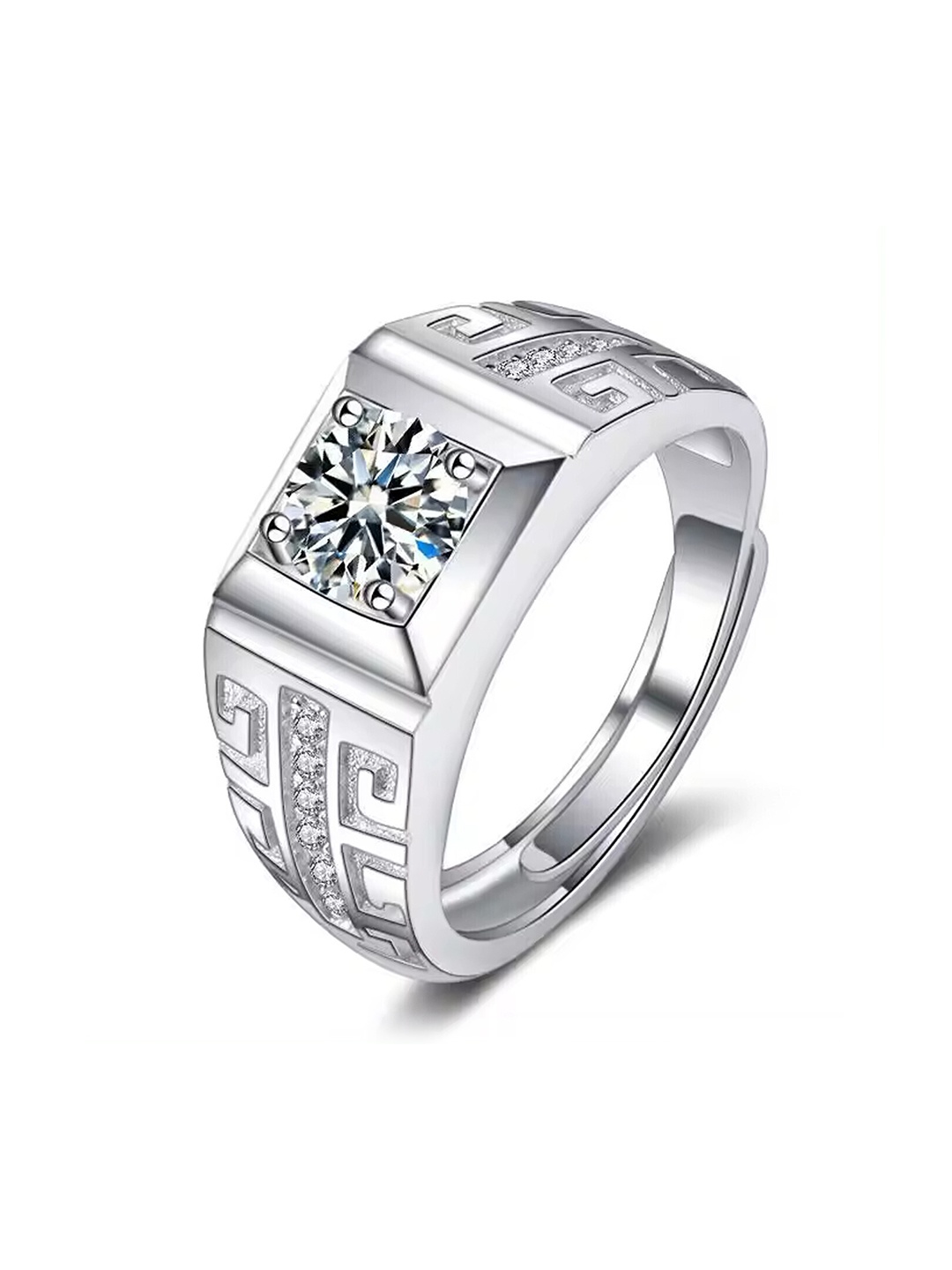 

Lila Men Sterling Silver American Diamond Stone Studded Adjustable Finger Ring