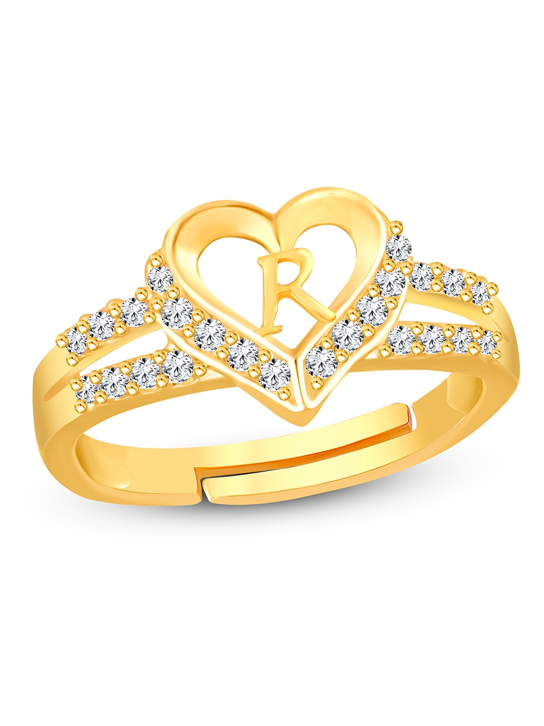 

Lila Unisex Gold-Plated Cubic Zirconia Stone Studded Alphabet R Adjustable Finger Ring