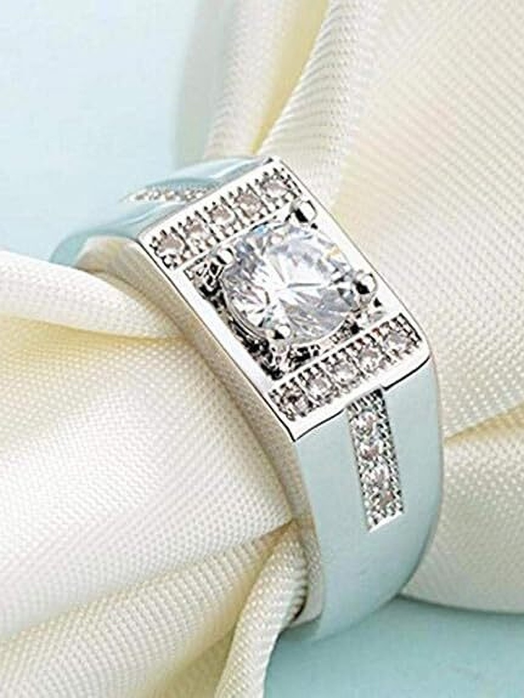 

Lila Men Sterling Silver American Diamond Stone Studded Adjustable Finger Ring
