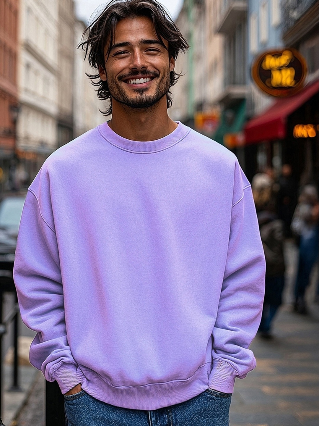 

Bewakoof Men Round Neck Long Sleeves Pullover Oversized Sweatshirt, Purple