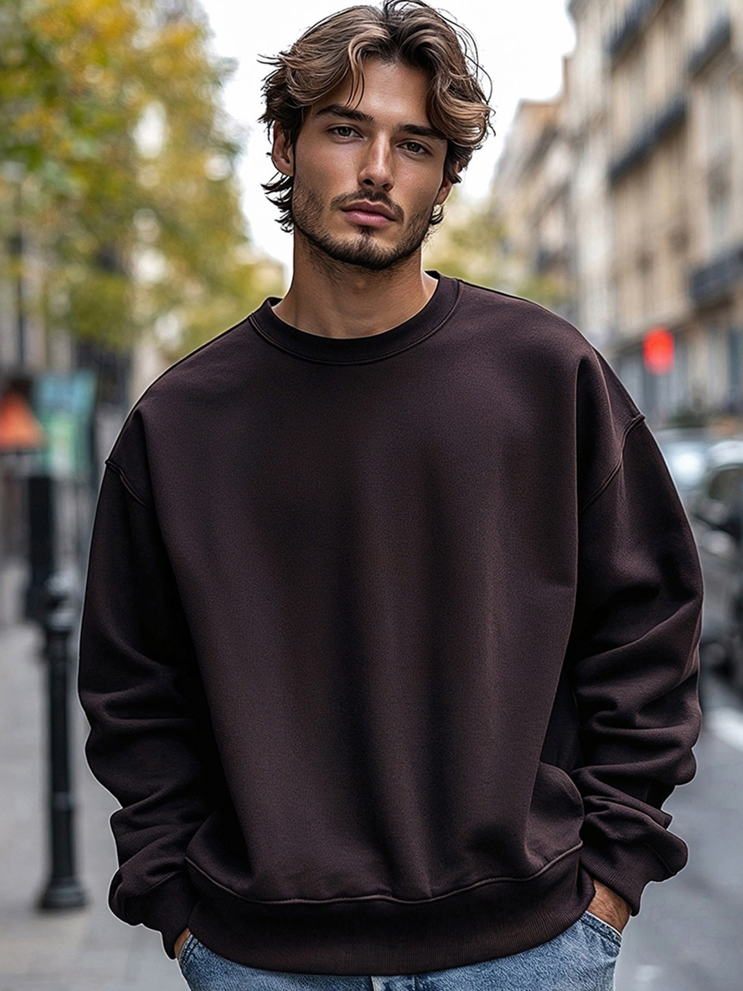

Bewakoof Heavy Duty Men Round Neck Long Sleeves Oversized Pullover Sweatshirt, Brown