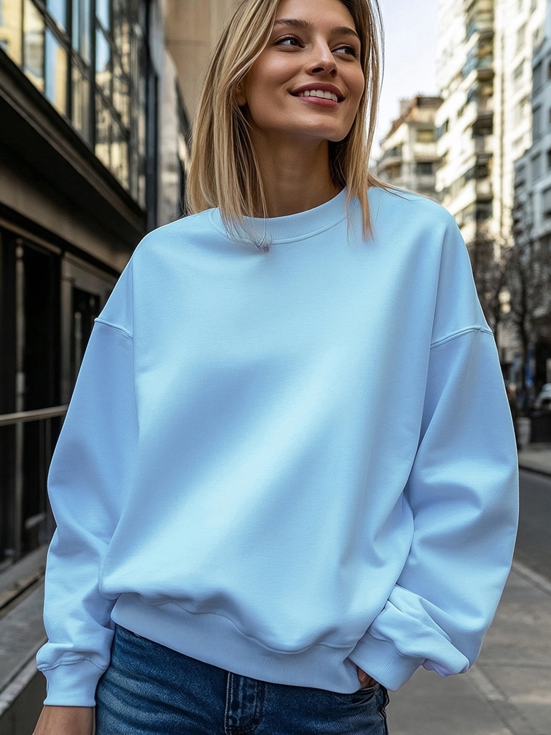 

Bewakoof Women Round Neck Long Sleeves Oversized Sweatshirt, Blue