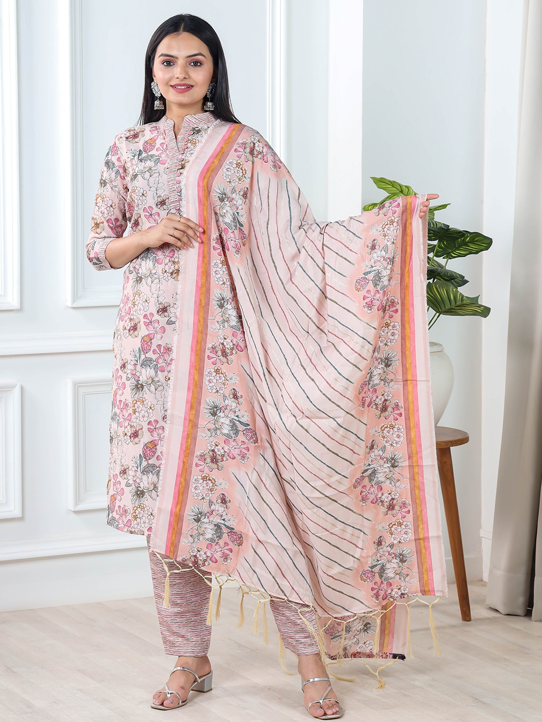 

VIVARAA FASHION Women Floral Printed Regular Chanderi Cotton Kurti with Trousers & With Dupatta, Pink