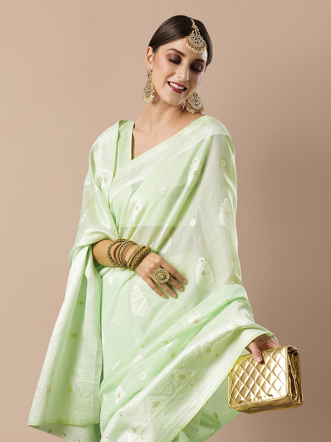 

House of Pataudi Ethnic Motifs Woven Design Cotton Silk Saree, Green