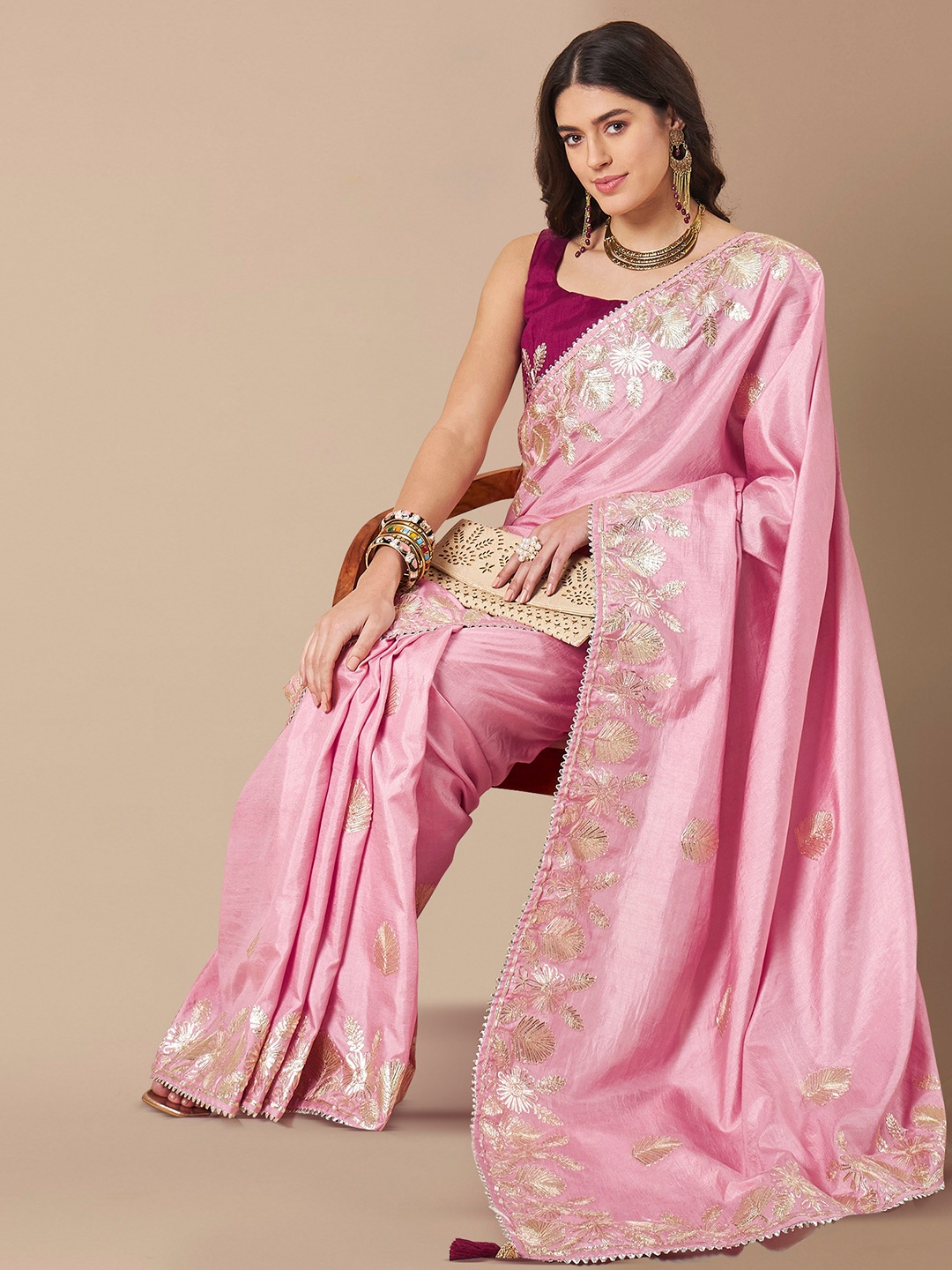 

House of Pataudi Dola Siilk Embroidered Gotta Patti Party wear Saree, Pink