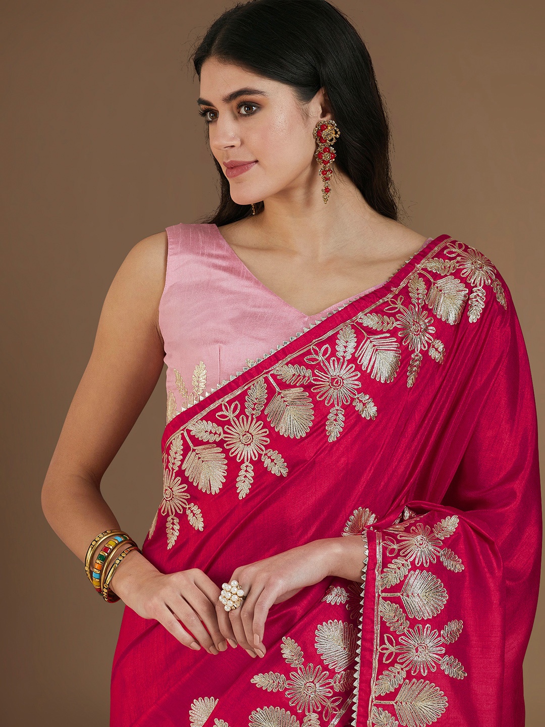 

House of Pataudi Dola Siilk Embroidered Party wear Saree, Pink