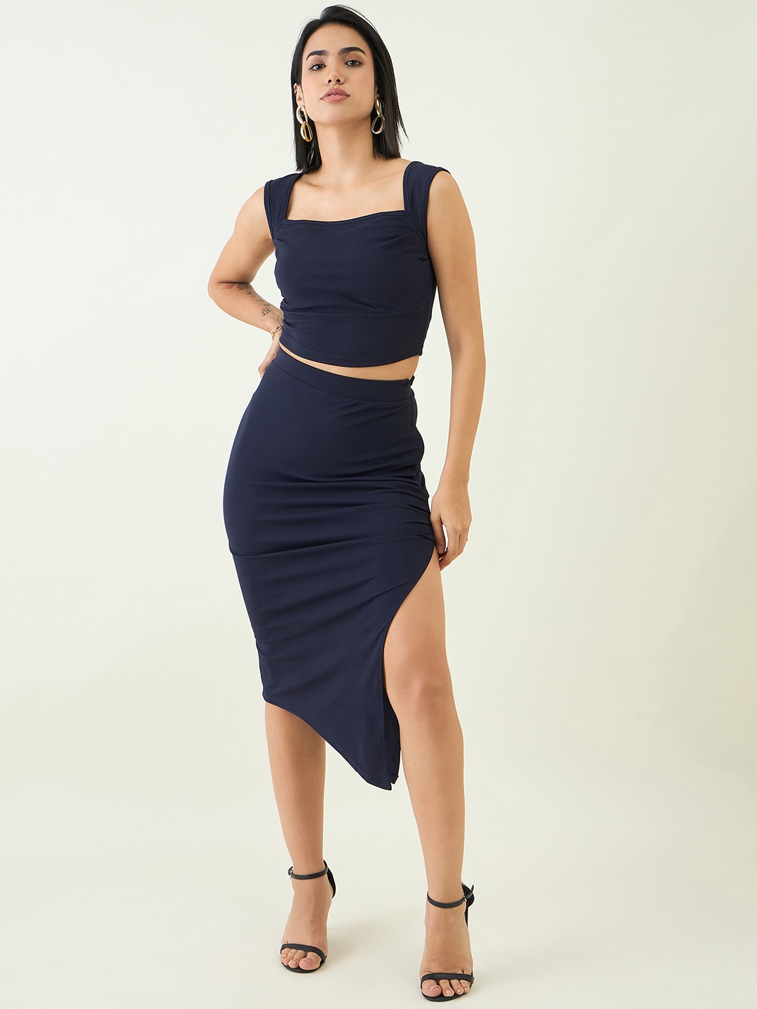 

aayu Square Neck Sleeveless Top With Skirt, Navy blue