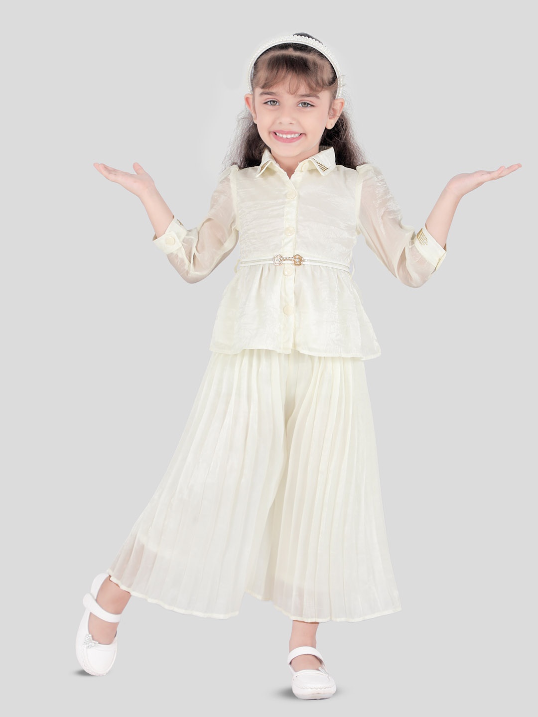 

CAVIO Girls Embellished Shirt with Palazzos Clothing Set, Cream