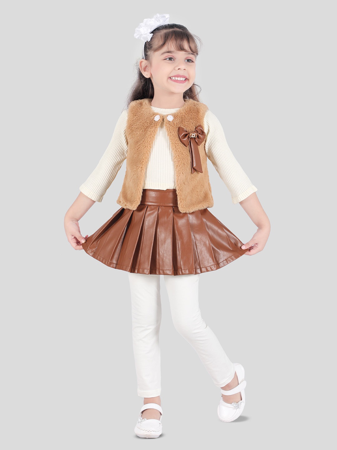 

CAVIO Girls Top with Leggings Faux Fur Jacket & Skirt Clothing Set, Brown