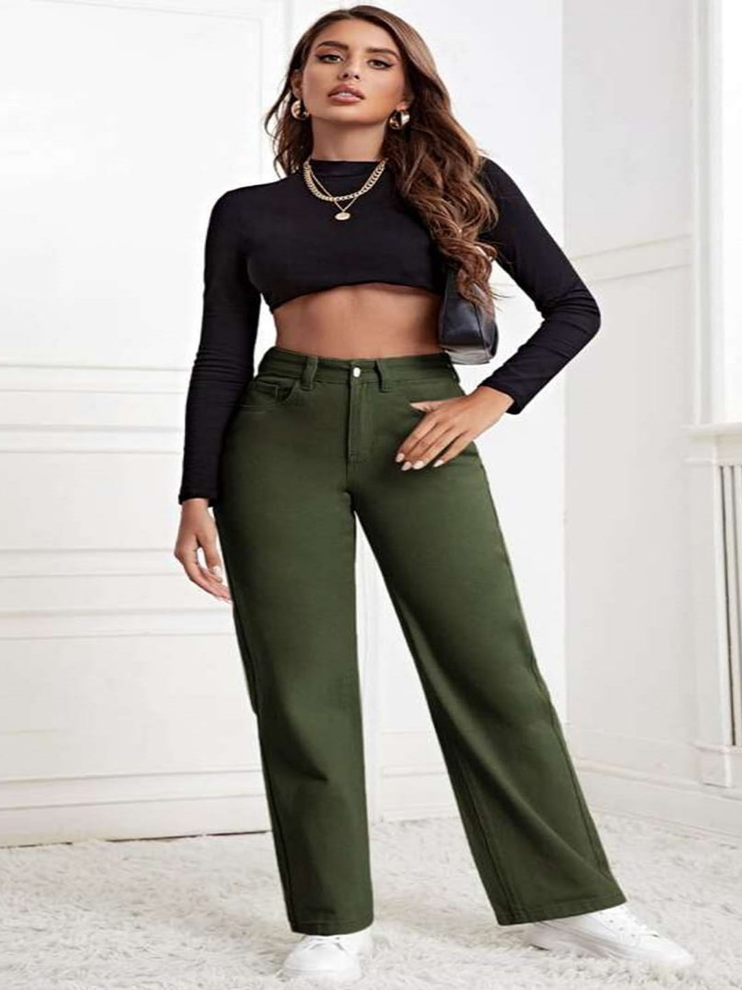 

Perfect Outlet Women Straight Fit Cotton High-Rise Stretchable Jeans, Olive
