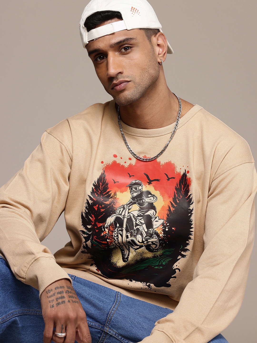 

Roadster Men Printed Relaxed Fit Terry Sweatshirt, Beige