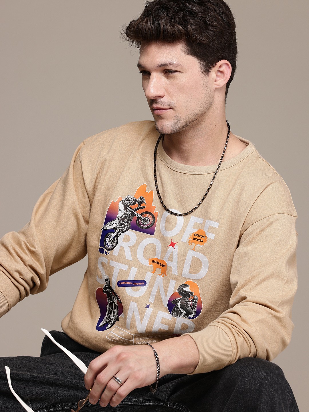 

Roadster Men Printed Relaxed Fit Terry Sweatshirt, Beige