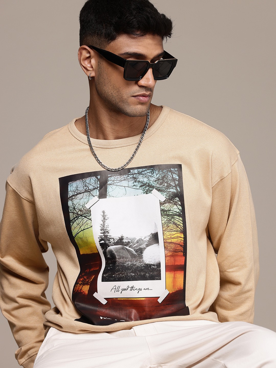 

Roadster Men Printed Relaxed Fit Terry Sweatshirt, Beige