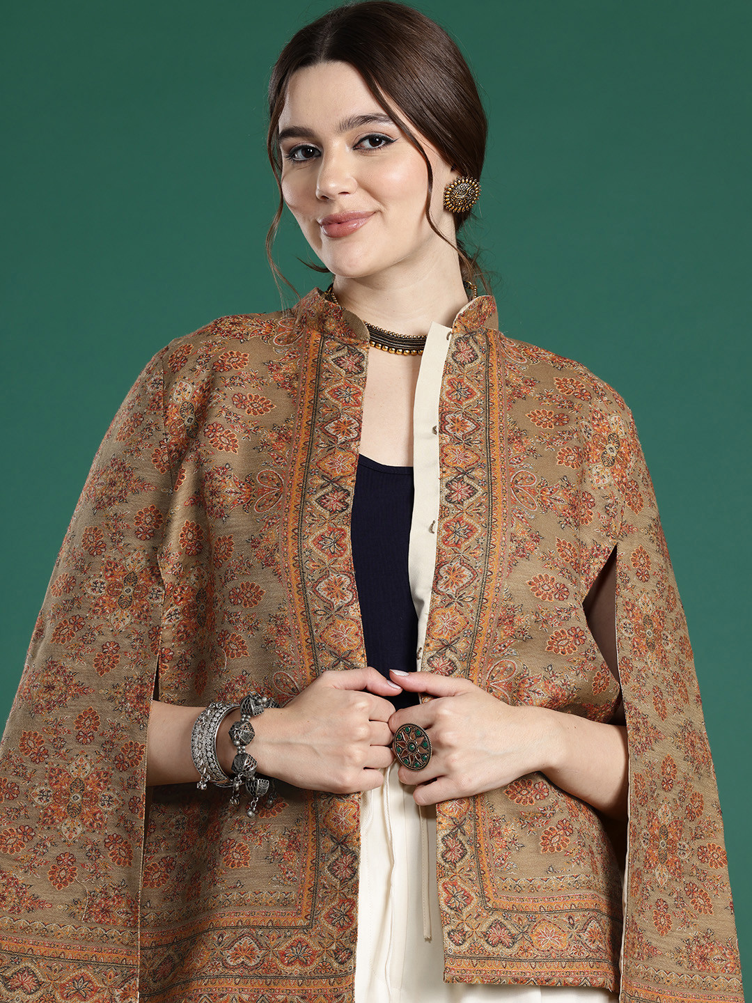 

Sangria Floral Woven Design Cape Jacket, Beige