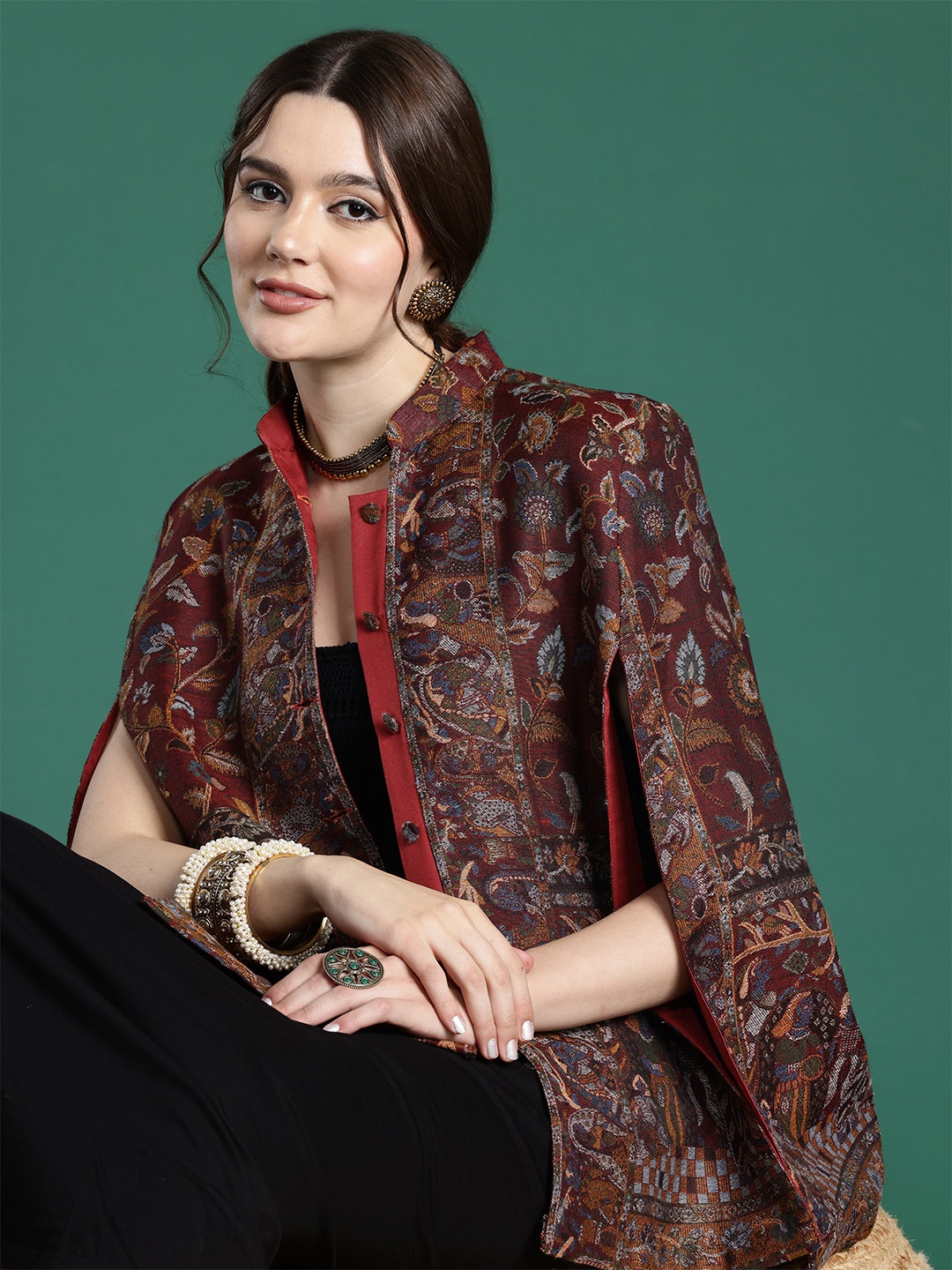 

Sangria Floral Woven Design Cape Jacket, Maroon