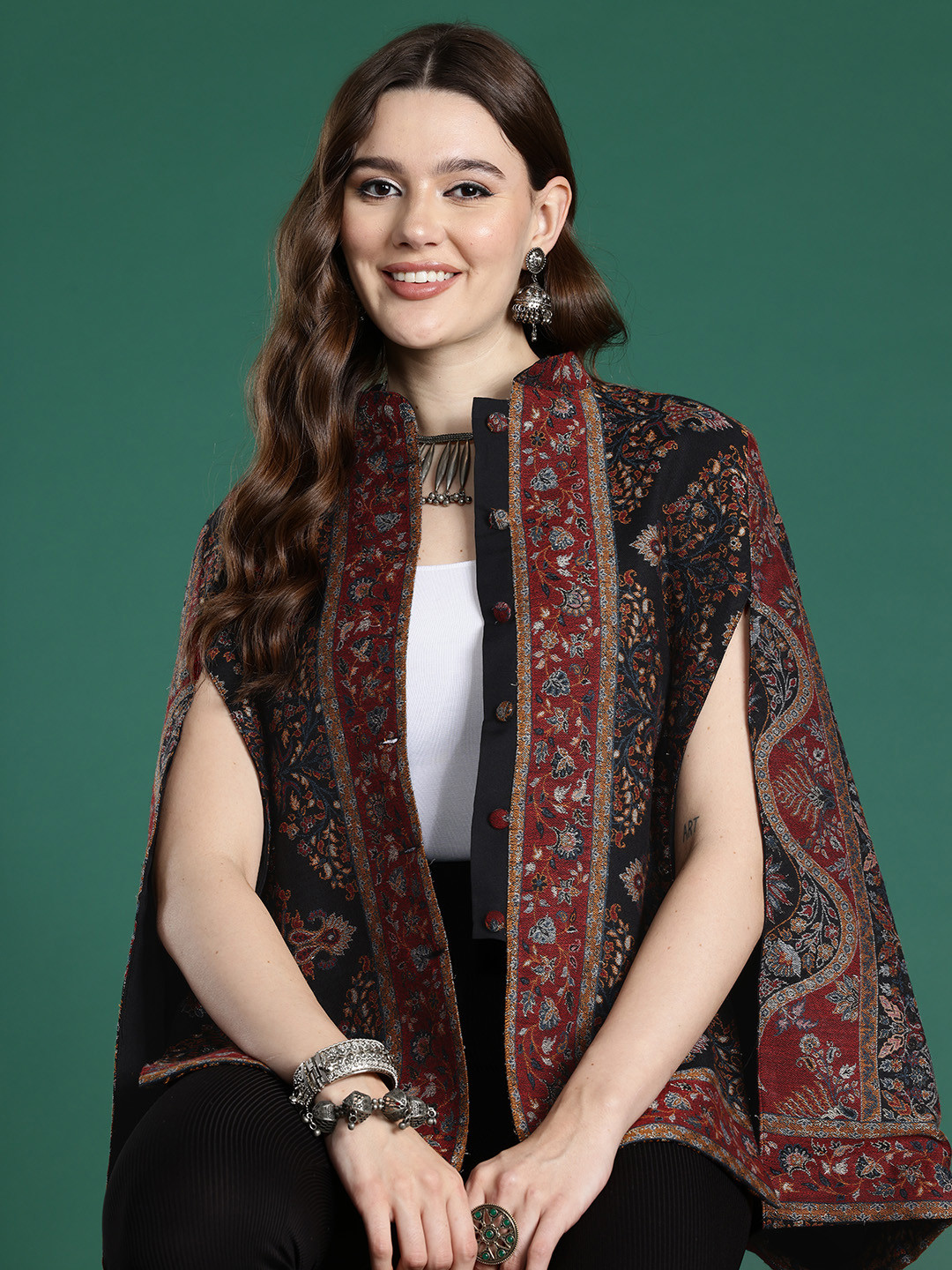 

Sangria Floral Woven Design Cape Jacket, Black