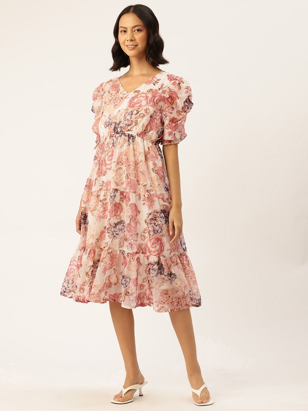 

WISSTLER Floral Print Puff Sleeve A-Line Midi Dress, Peach