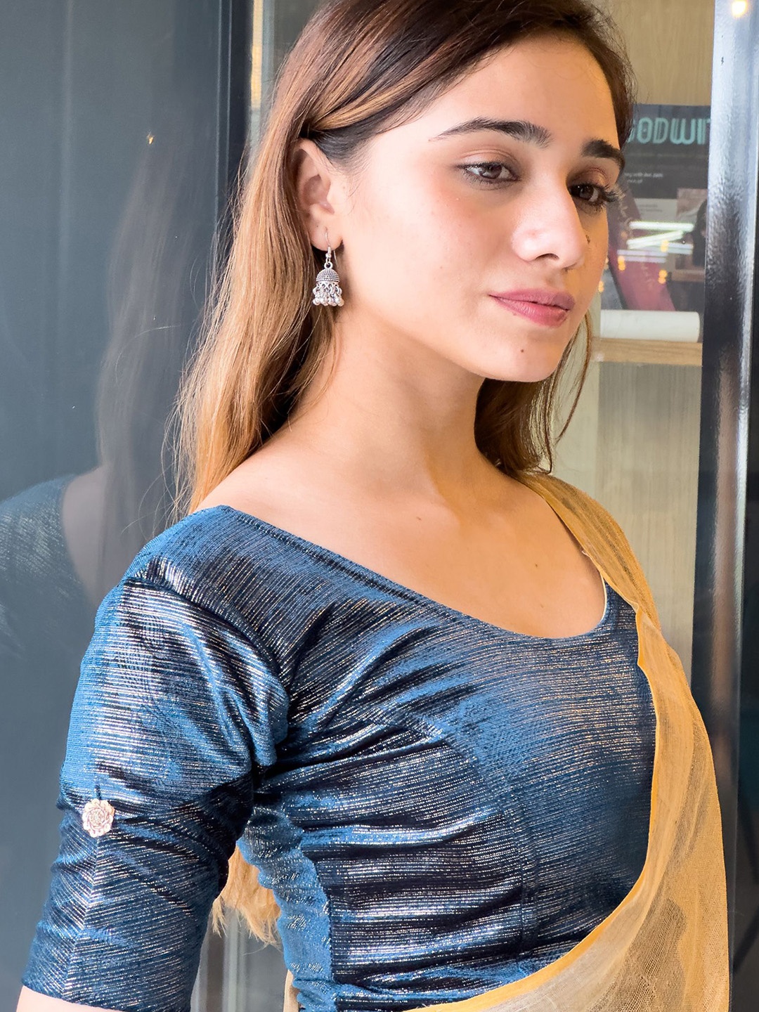 Bindigasm's Advi Embellished Round Neck Saree Blouse, Navy blue