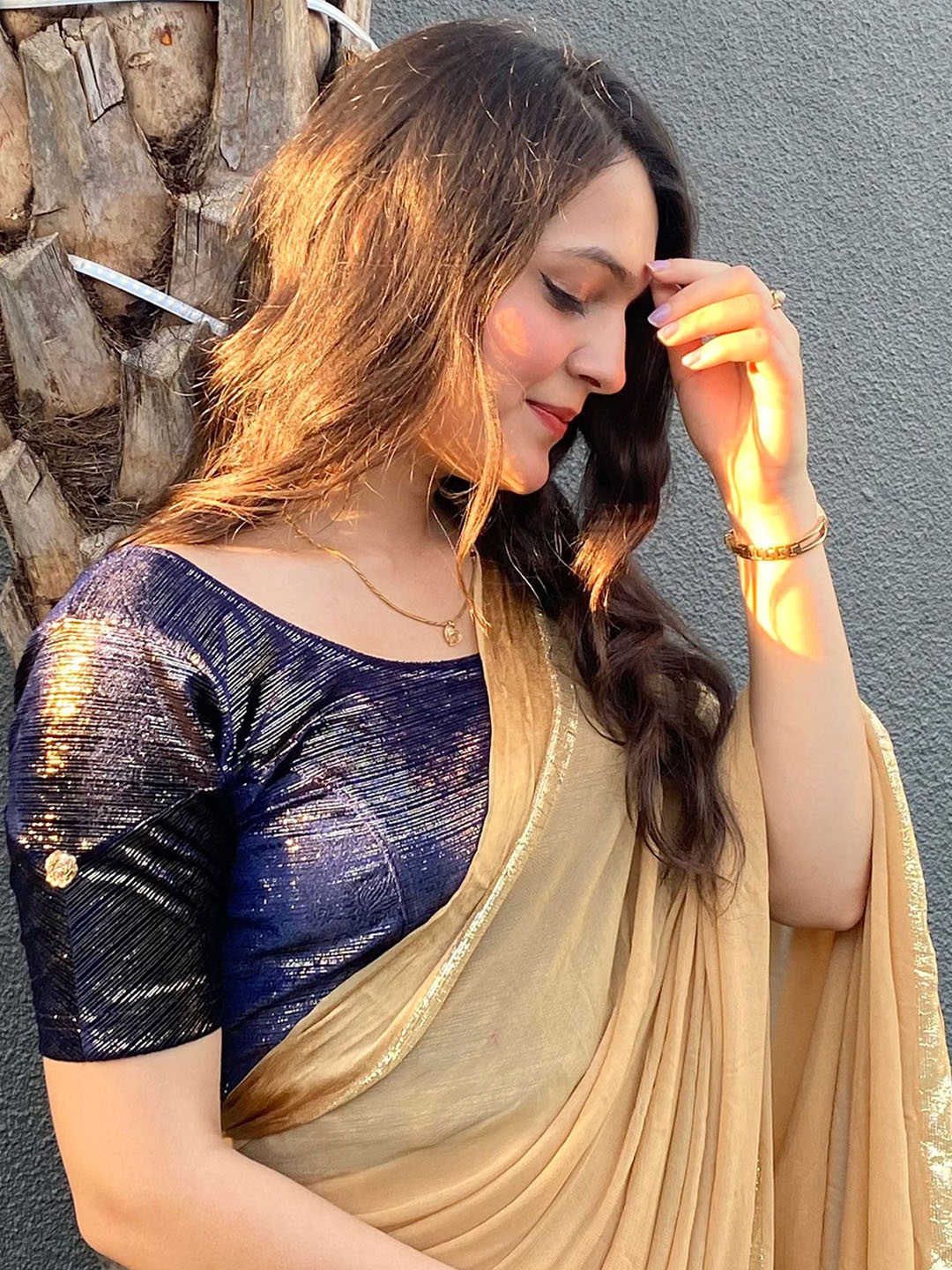 

Bindigasm's Advi Embroidery Velvet Buti Ready to Wear Saree Blouse, Navy blue
