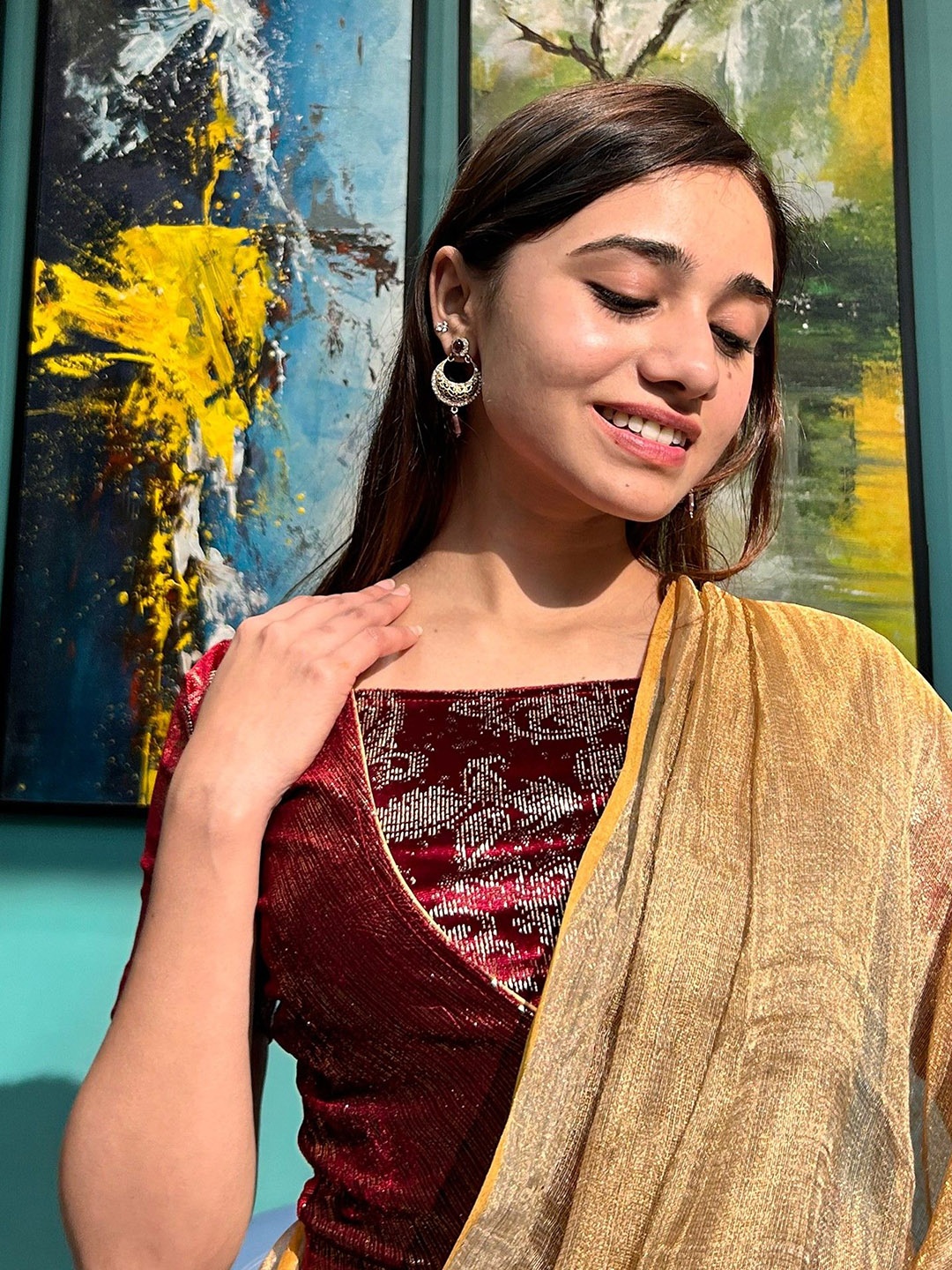 Bindigasm's Advi Woven Design Square Neck Saree Blouse, Maroon