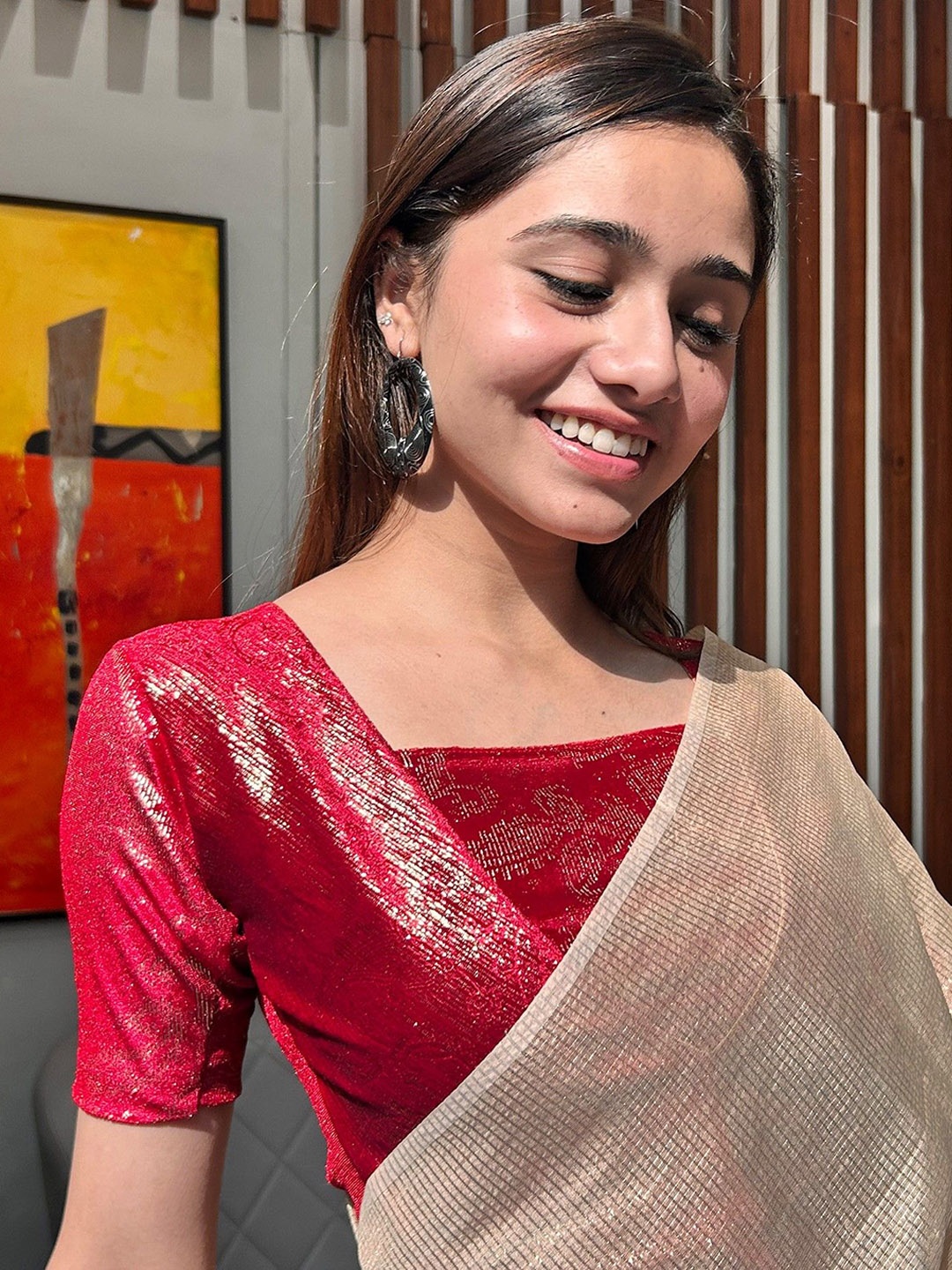 

Bindigasm's Advi Women Velvet Woven Design Saree Blouse, Red