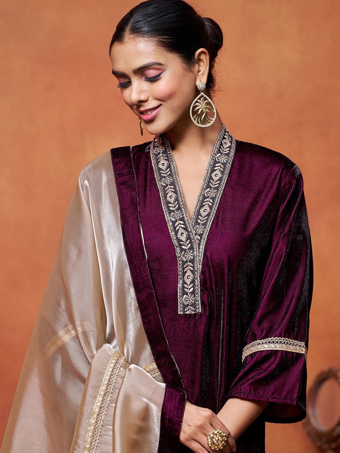 

Sangria Embroidered Straight Kurta Trouser With Dupatta Set, Purple