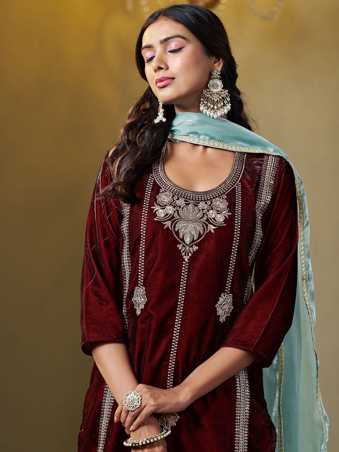 

Sangria Embroidered Kurta & Trouser With Dupatta, Brown