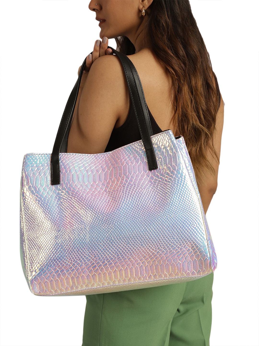 

MINI WESST Textured Structured Tote Bag with Cut Work, Silver