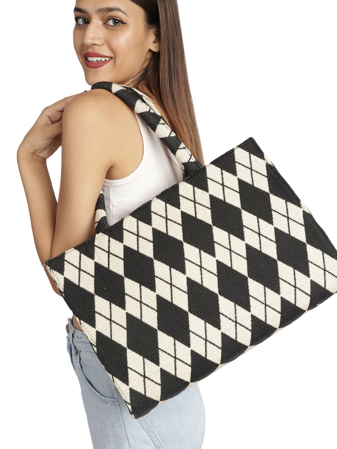 

MINI WESST Checked Structured Tote Bag with, White