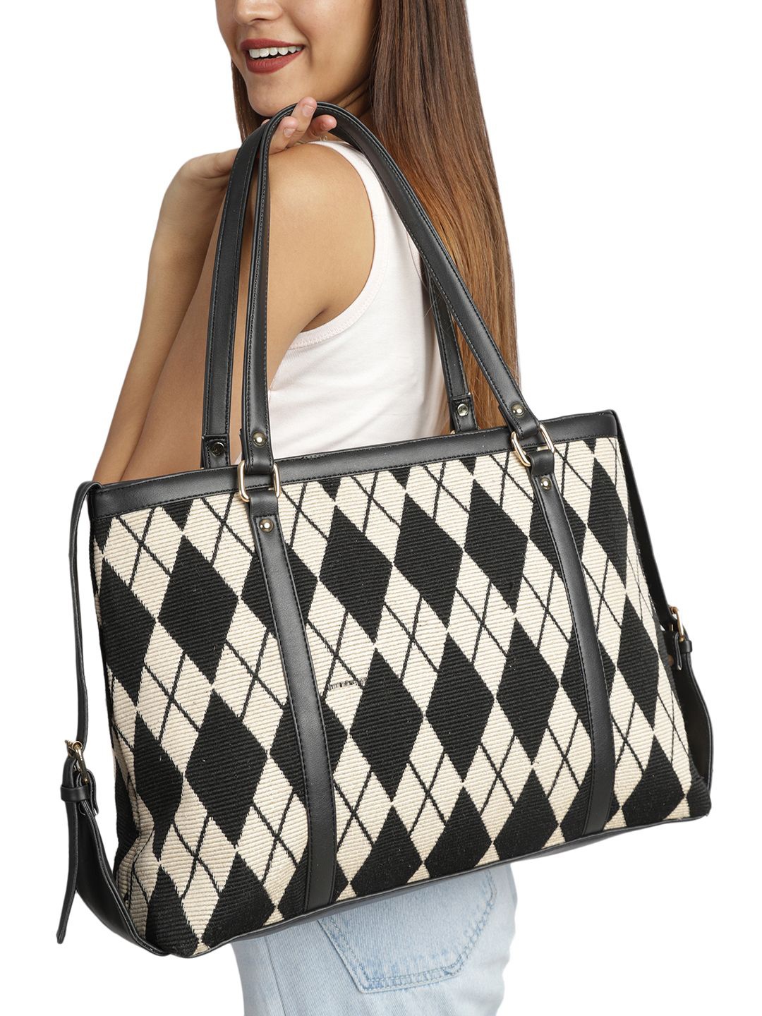 

MINI WESST Printed Structured Tote Bag with Quilted, Beige