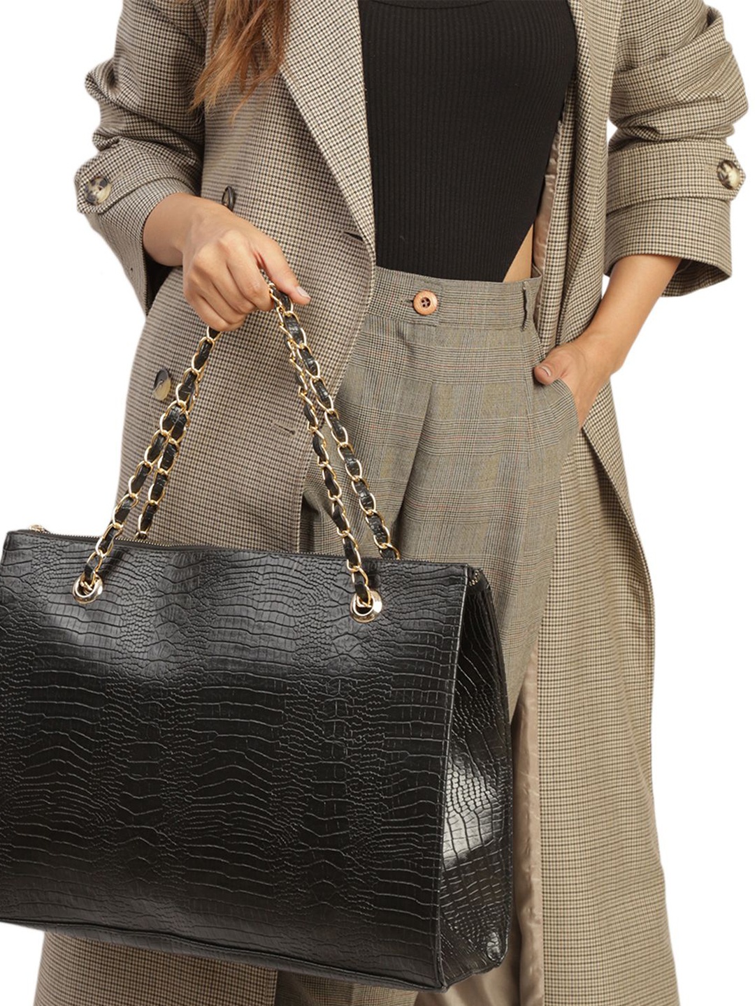 

MINI WESST Textured Structured Tote Bag, Black