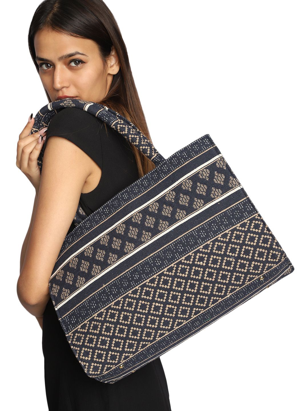 

MINI WESST Printed Structured Tote Bag with Cut Work, Multi
