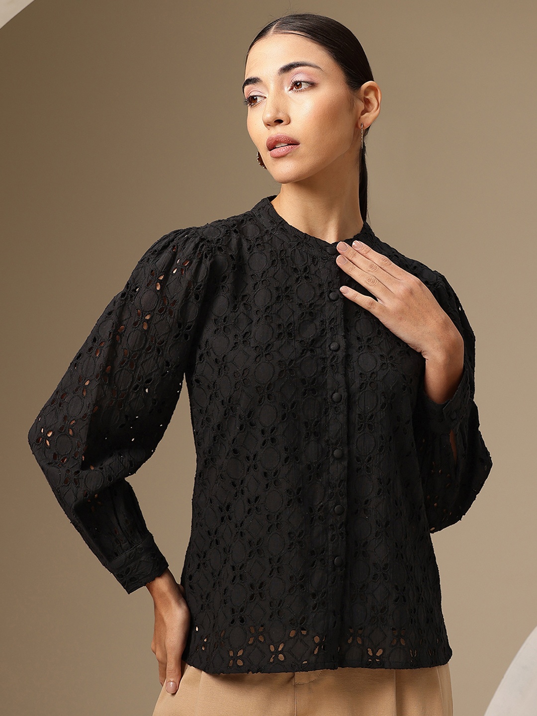 

Chemistry Smart Schiffli Puff Sleeve Pure Cotton Casual Shirt, Black