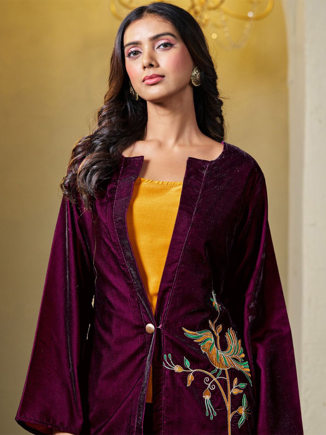 

Sangria Embroidered Velvet Crop Top & Trouser With Jacket, Purple