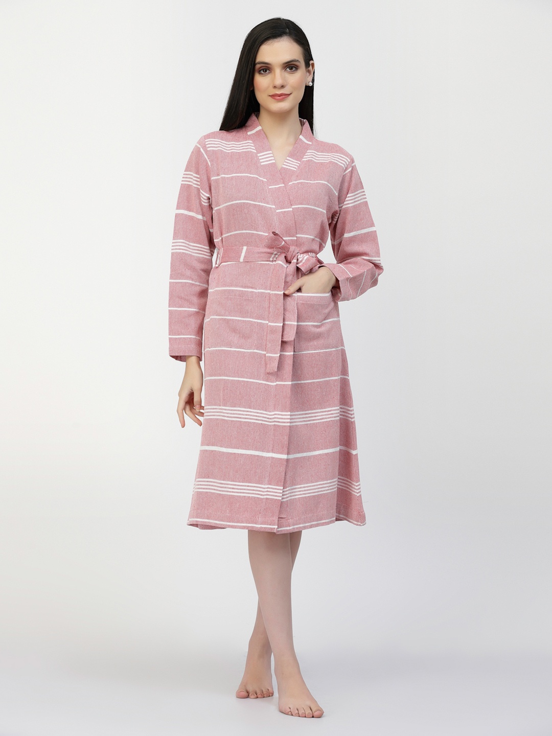 

KLOTTHE Pink & White Striped Pure Cotton Bath Robe With Belt