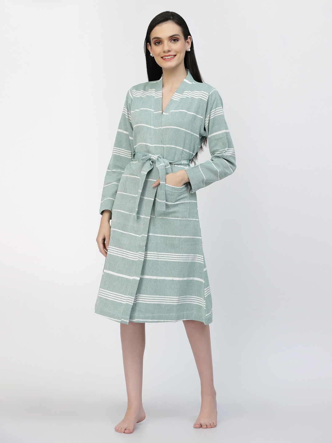 

KLOTTHE Striped Cotton Bath Robe With Belt, Green