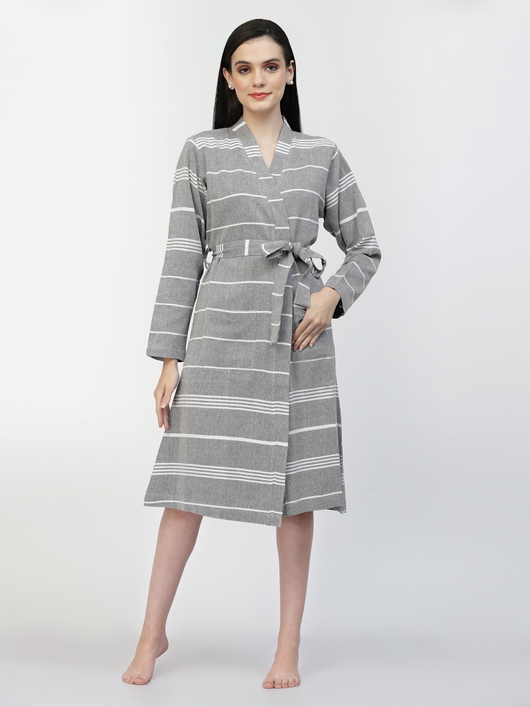 

KLOTTHE Grey & White Striped Cotton Long Sleeves Bath Robe With Belt