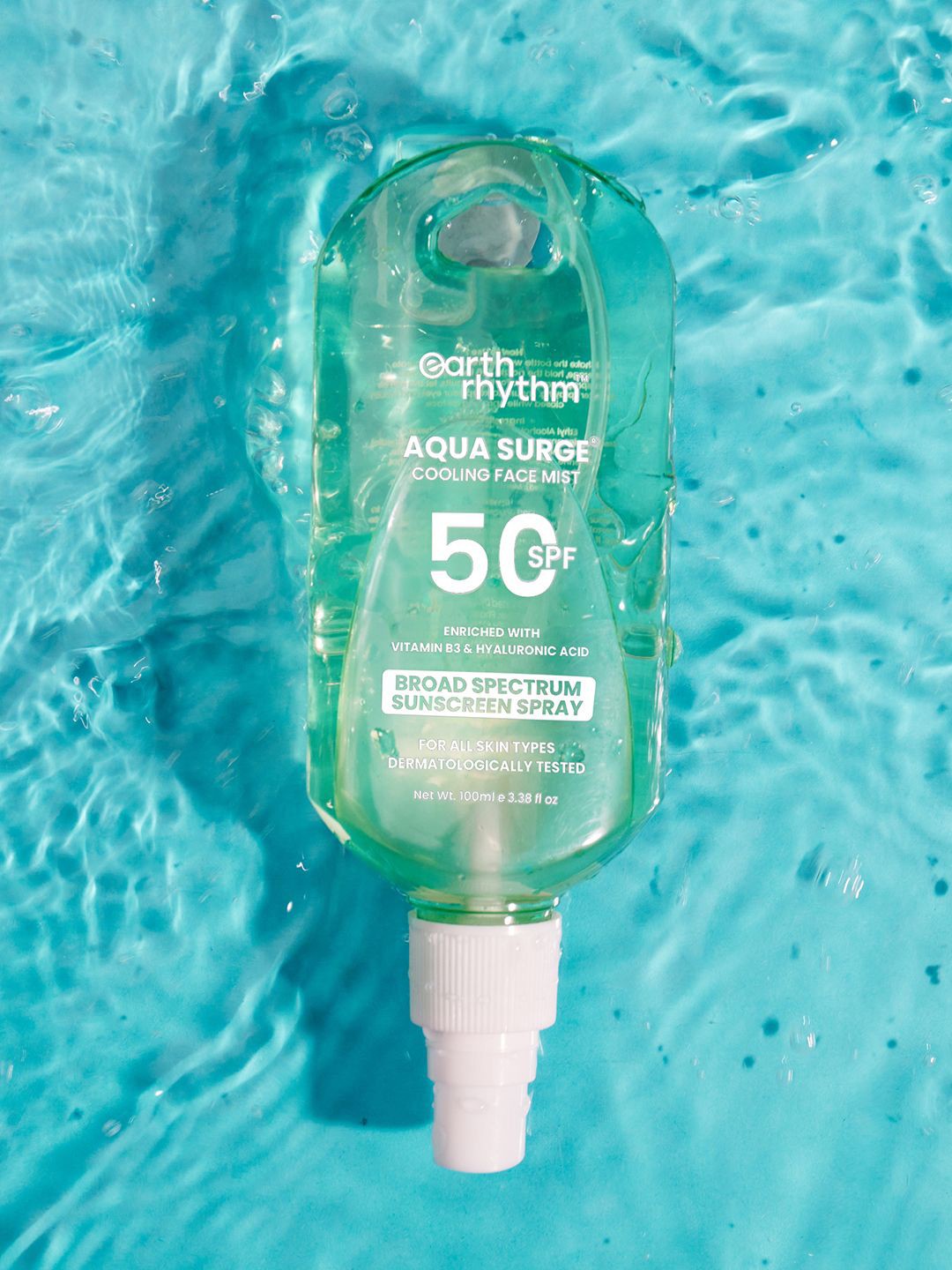 

Earth Rhythm Aqua Surge Cooling Broad Spectrum Sunscreen Spray SPF 50 - 100ml, Turquoise blue
