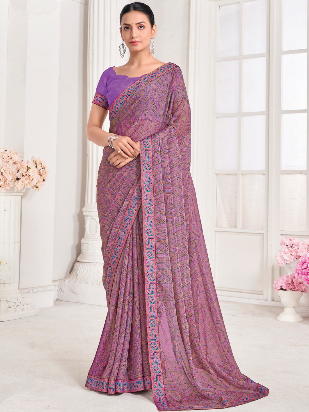 

Mitera Geometric Printed Saree With Blouse Piece, Purple