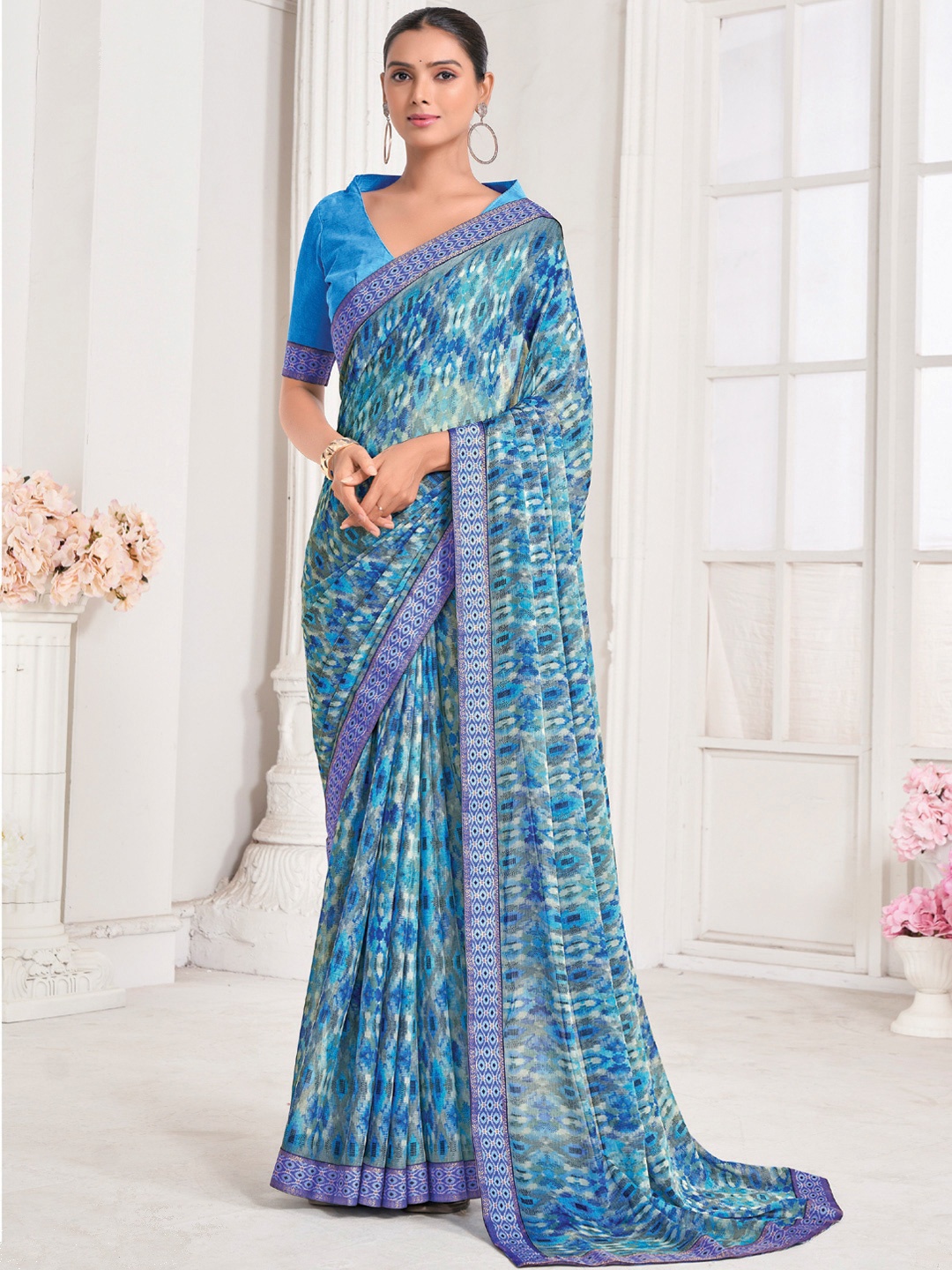 

Mitera Printed Saree With Unstitched Blouse Piece, Blue