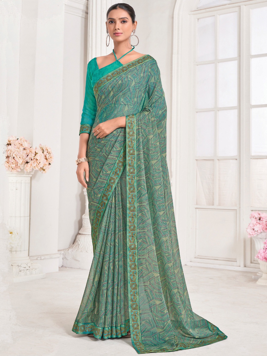 

Mitera Geometric Printed Saree, Teal