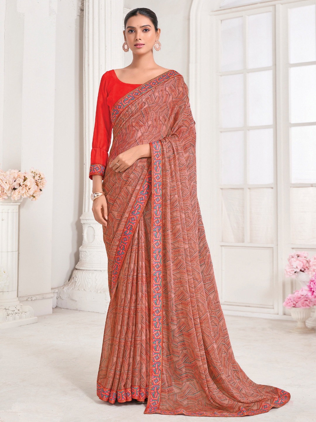 

Mitera Embroidered Printed Saree With Unstitched Blouse Piece, Red